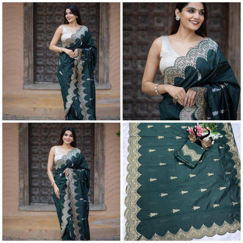 Bottle Green Colour Banarasi Litchi Silk Saree With Blouse Piece