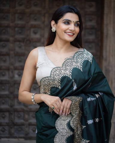 Bottle Green Colour Banarasi Litchi Silk Saree With Blouse Piece