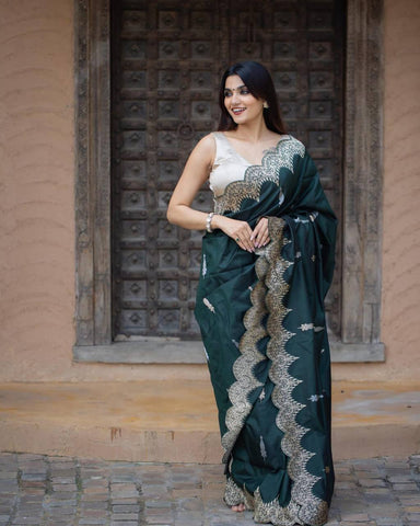 Bottle Green Colour Banarasi Litchi Silk Saree With Blouse Piece