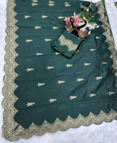 Bottle Green Colour Banarasi Litchi Silk Saree With Blouse Piece
