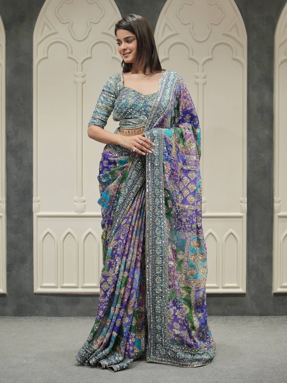 Noor-e-Mirror Chinnon Saree- Blue
