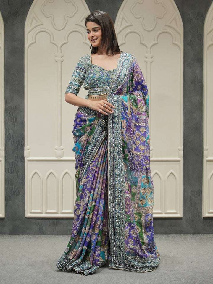 Noor-e-Mirror Chinnon Saree- Blue