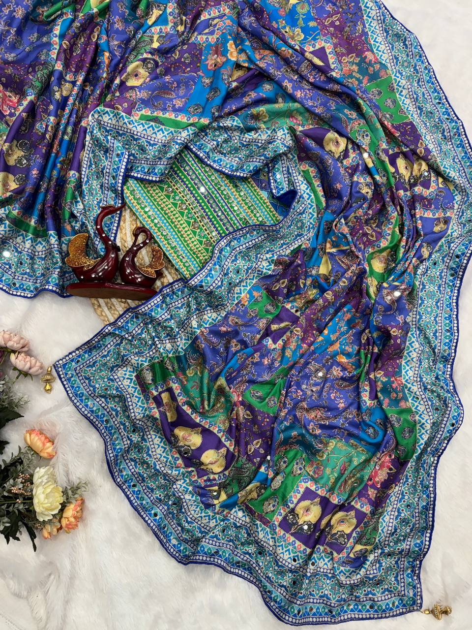 Noor-e-Mirror Chinnon Saree- Blue