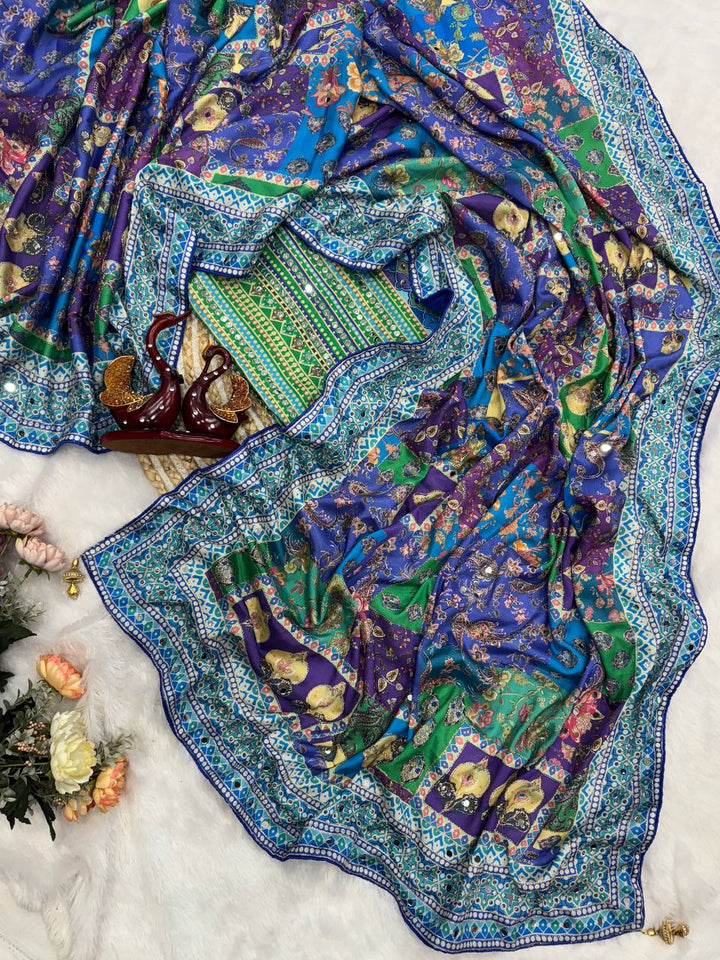 Noor-e-Mirror Chinnon Saree- Blue