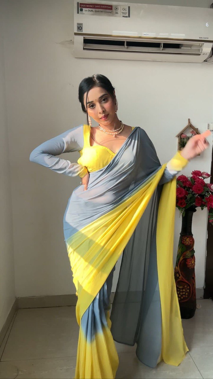 1-Min Georgette Ready To Wear Yellow & Grey  Saree With Blouse Piece