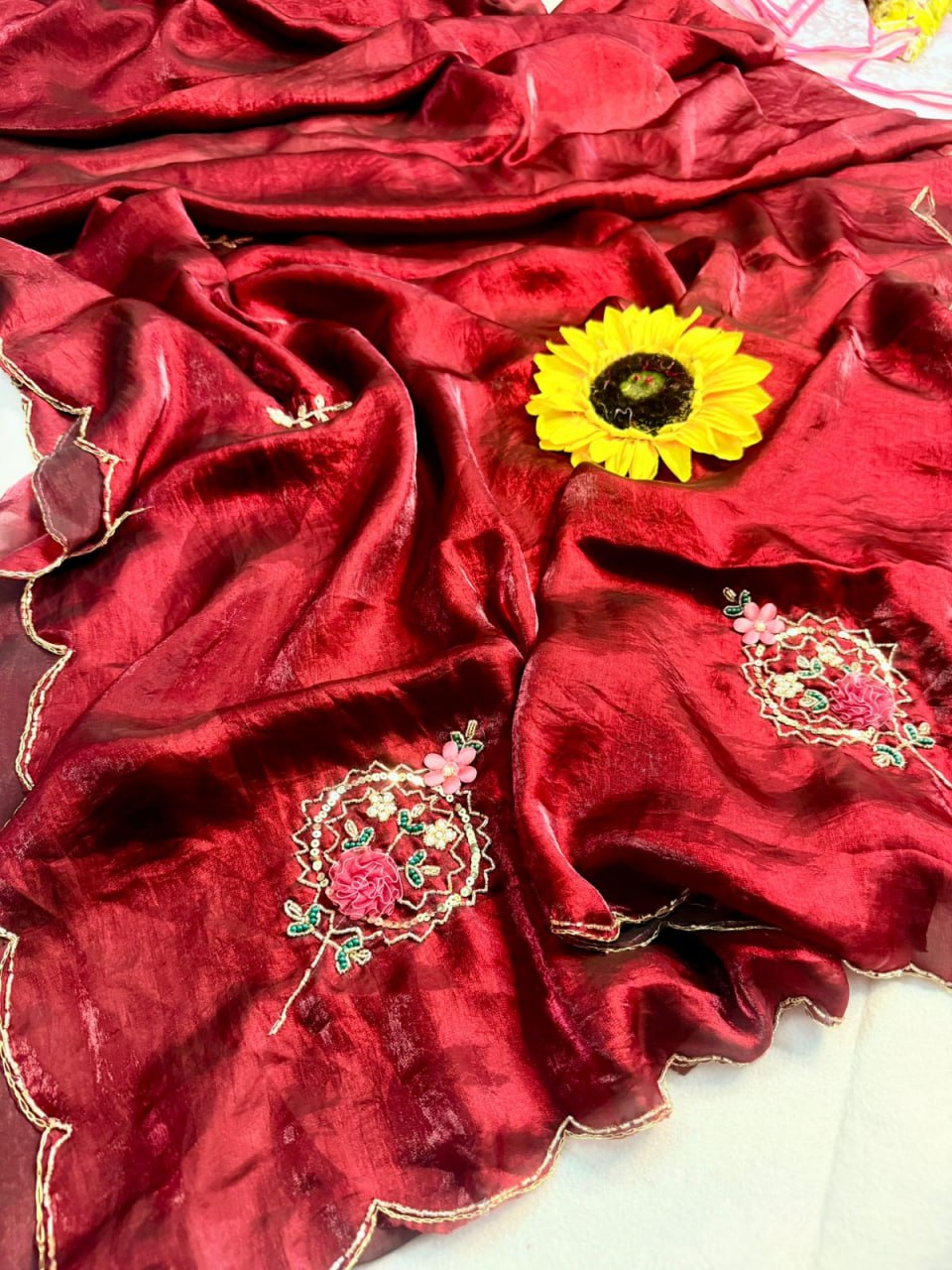 Designer Fandy Satin Saree with Khatli Cutdana Handwork &amp; Arco Border – RED