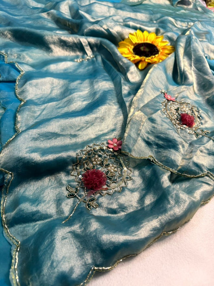 Designer Fandy Satin Saree with Khatli Cutdana Handwork &amp; Arco Border – LIGHT SKY
