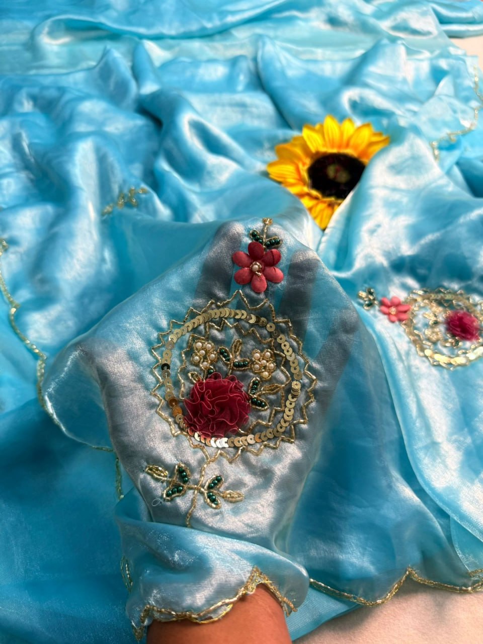 Designer Fandy Satin Saree with Khatli Cutdana Handwork &amp; Arco Border – SKY BLUE