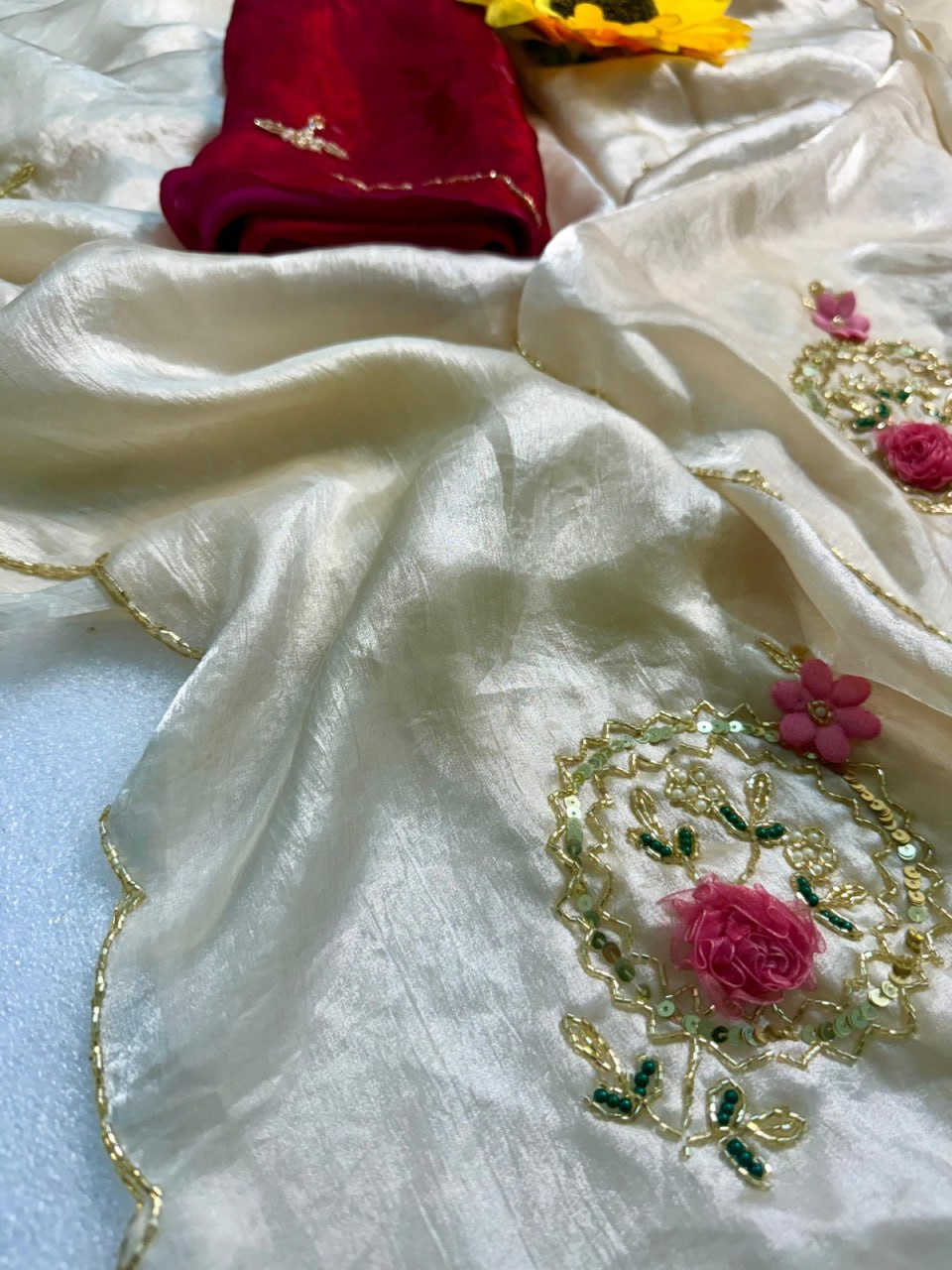 Designer Fandy Satin Saree with Khatli Cutdana Handwork &amp; Arco Border – WHITE