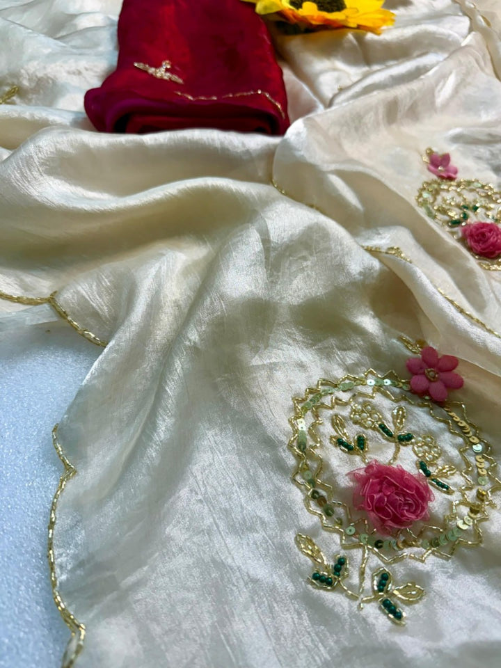 Designer Fandy Satin Saree with Khatli Cutdana Handwork &amp; Arco Border – WHITE