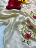 Designer Fandy Satin Saree with Khatli Cutdana Handwork & Arco Border – WHITE