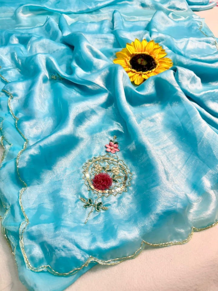 Designer Fandy Satin Saree with Khatli Cutdana Handwork &amp; Arco Border – SKY BLUE