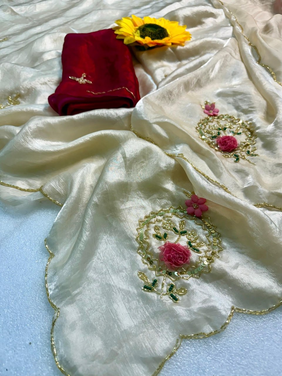 Designer Fandy Satin Saree with Khatli Cutdana Handwork &amp; Arco Border – WHITE