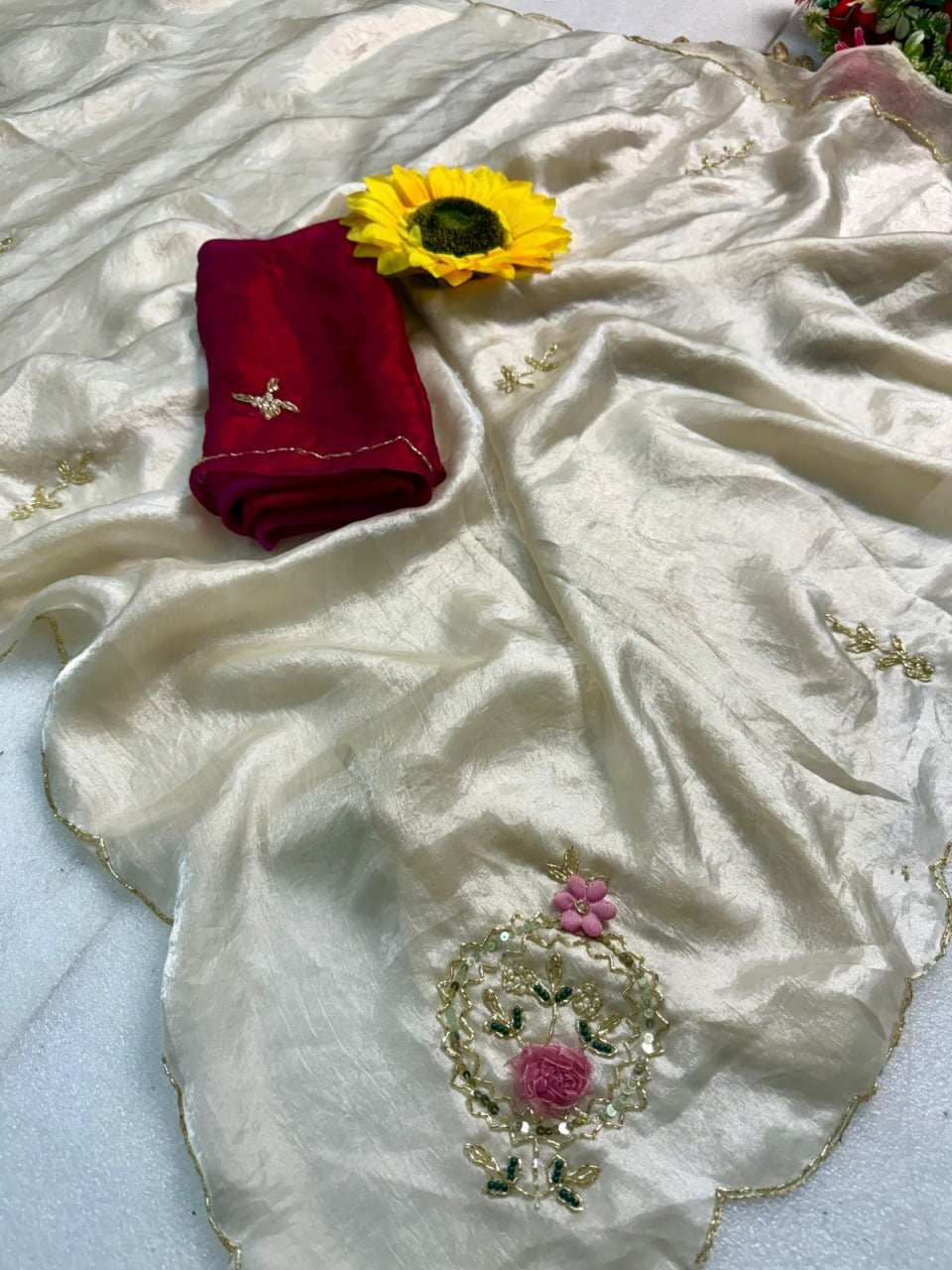 Designer Fandy Satin Saree with Khatli Cutdana Handwork &amp; Arco Border – WHITE