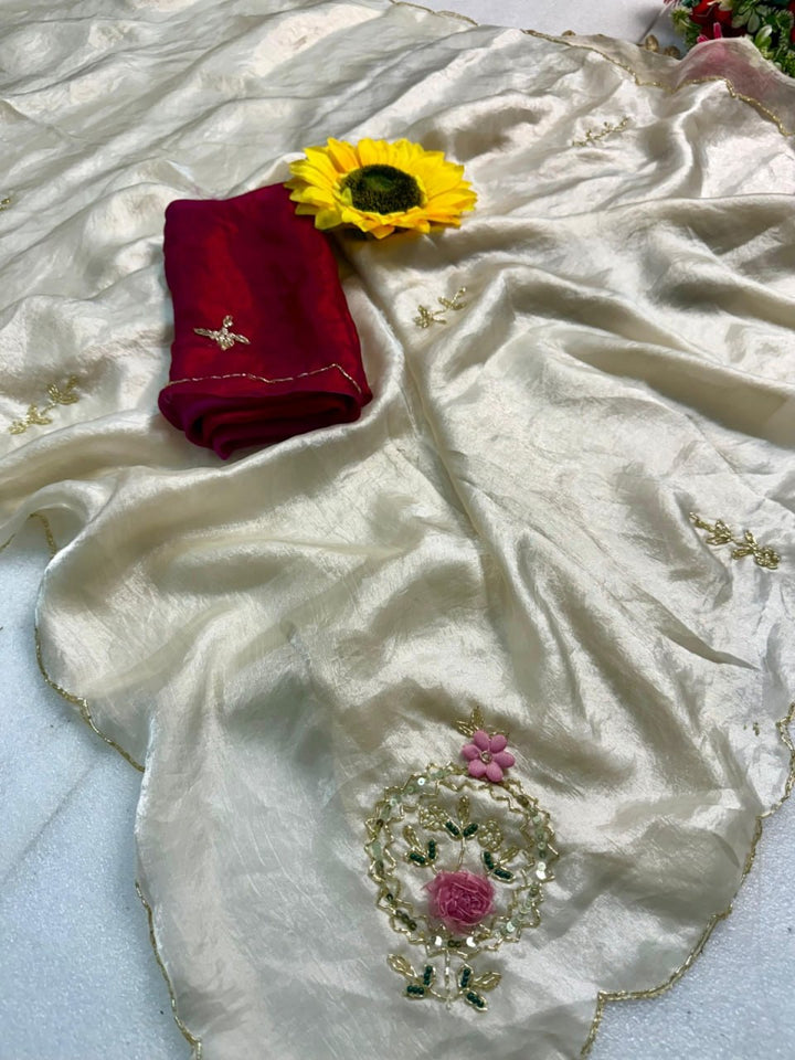 Designer Fandy Satin Saree with Khatli Cutdana Handwork &amp; Arco Border – WHITE