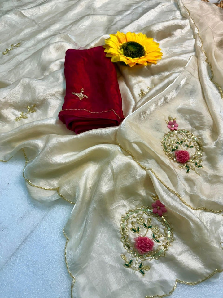 Designer Fandy Satin Saree with Khatli Cutdana Handwork &amp; Arco Border – WHITE