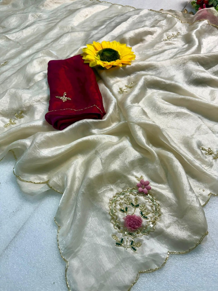 Designer Fandy Satin Saree with Khatli Cutdana Handwork &amp; Arco Border – WHITE