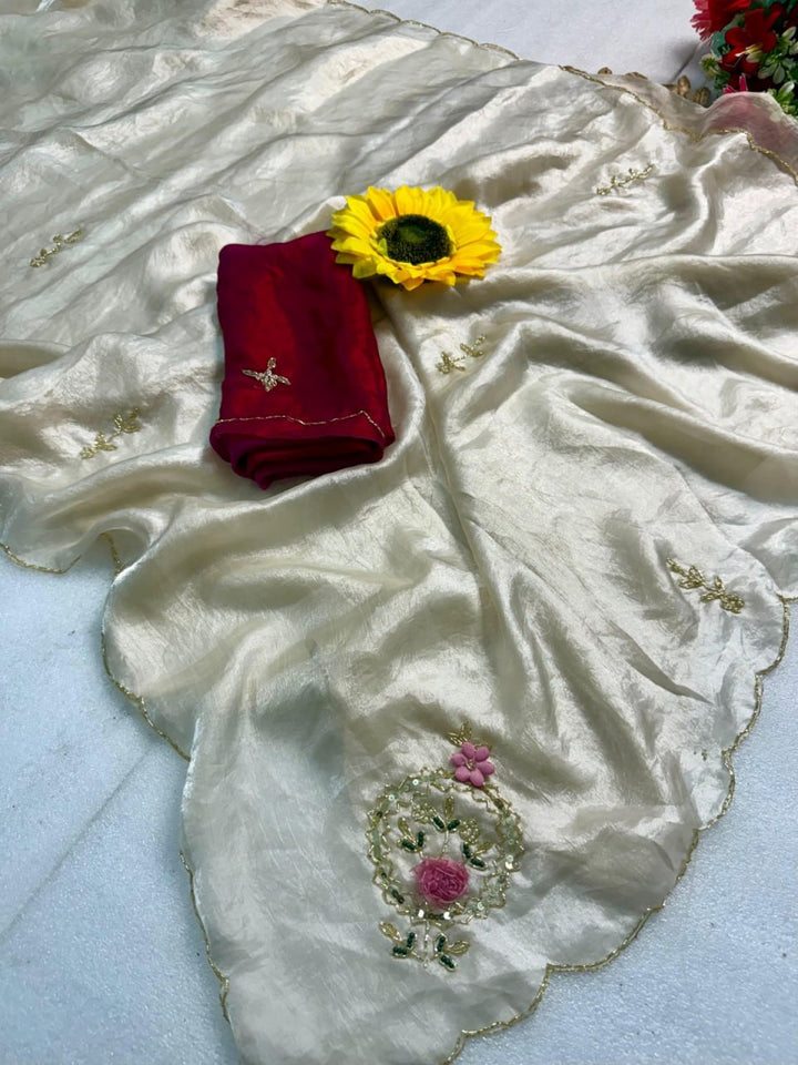 Designer Fandy Satin Saree with Khatli Cutdana Handwork &amp; Arco Border – WHITE