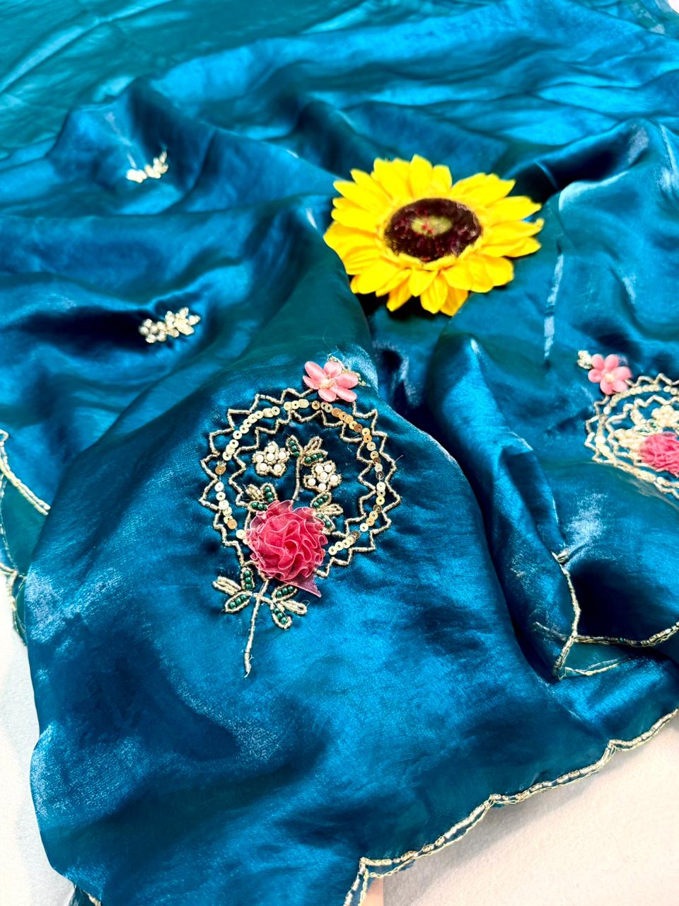Designer Fandy Satin Saree with Khatli Cutdana Handwork &amp; Arco Border – DARK BLUE