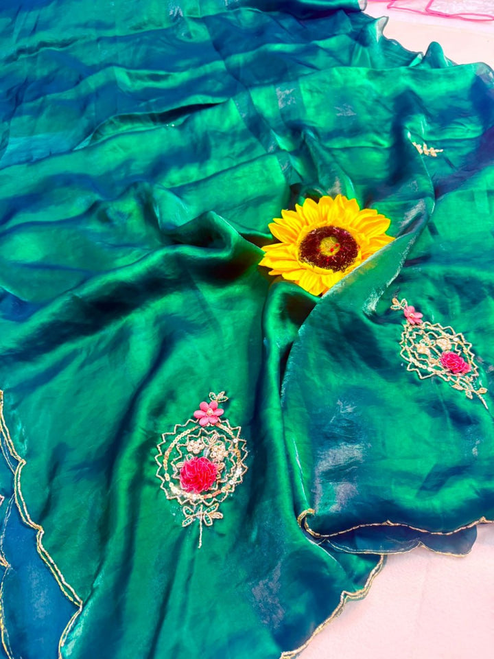 Designer Fandy Satin Saree with Khatli Cutdana Handwork &amp; Arco Border – GREEN