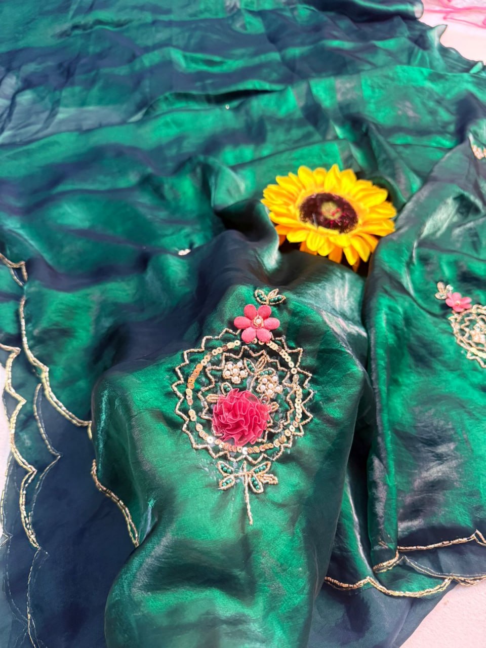 Designer Fandy Satin Saree with Khatli Cutdana Handwork &amp; Arco Border – GREEN