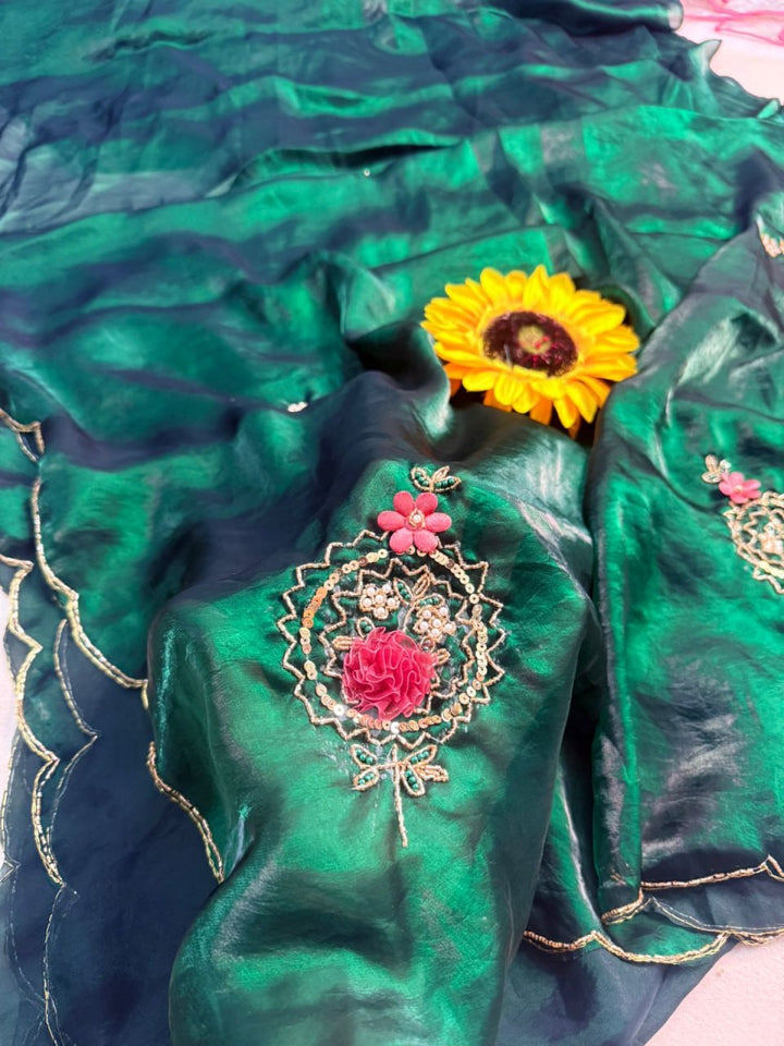 Designer Fandy Satin Saree with Khatli Cutdana Handwork &amp; Arco Border – GREEN