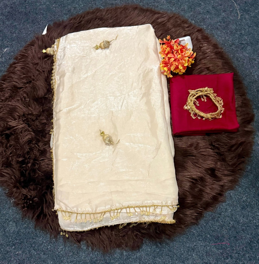 Elegant Fandy Satin Saree with Crystal Moti Lace &amp; Handwork Latkan – WHITE
