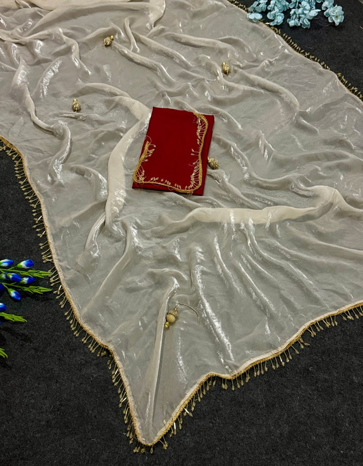 Elegant Fandy Satin Saree with Crystal Moti Lace &amp; Handwork Latkan – WHITE