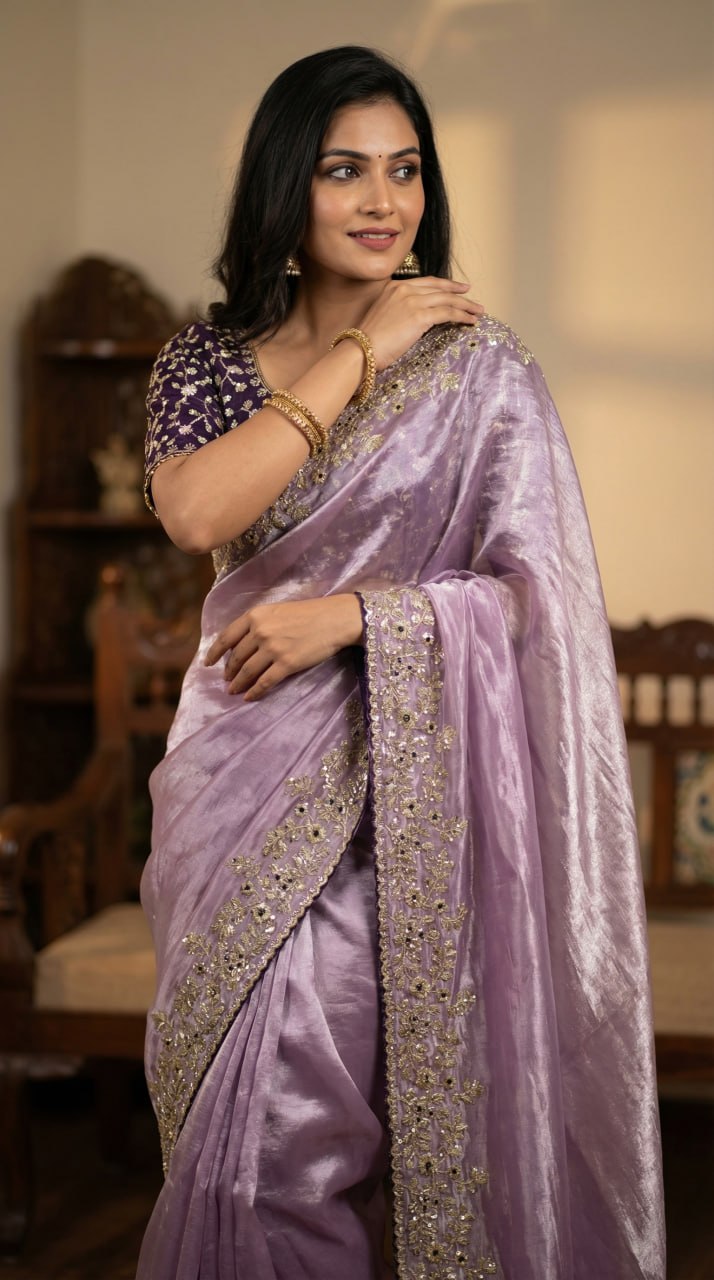 Designer Fandy Satin Saree with 3mm Sequins Pallu &amp; Cutwork Border – LIGHT PURPLE