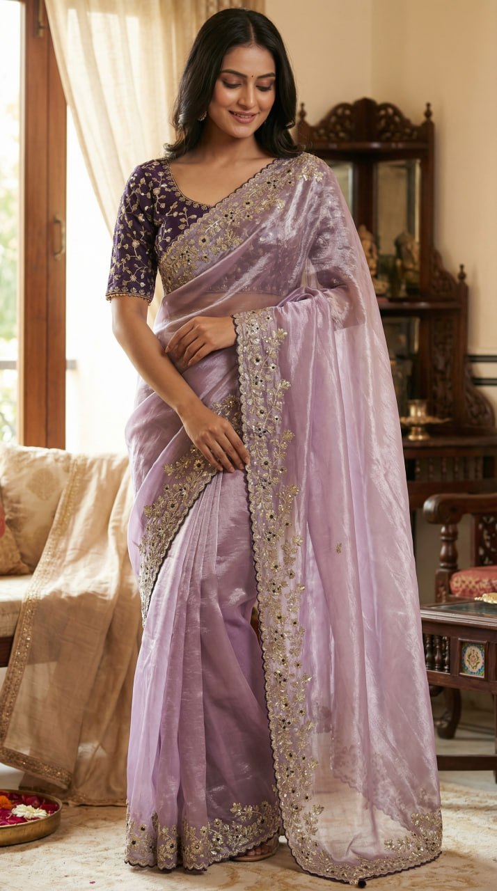 Designer Fandy Satin Saree with 3mm Sequins Pallu &amp; Cutwork Border – LIGHT PURPLE