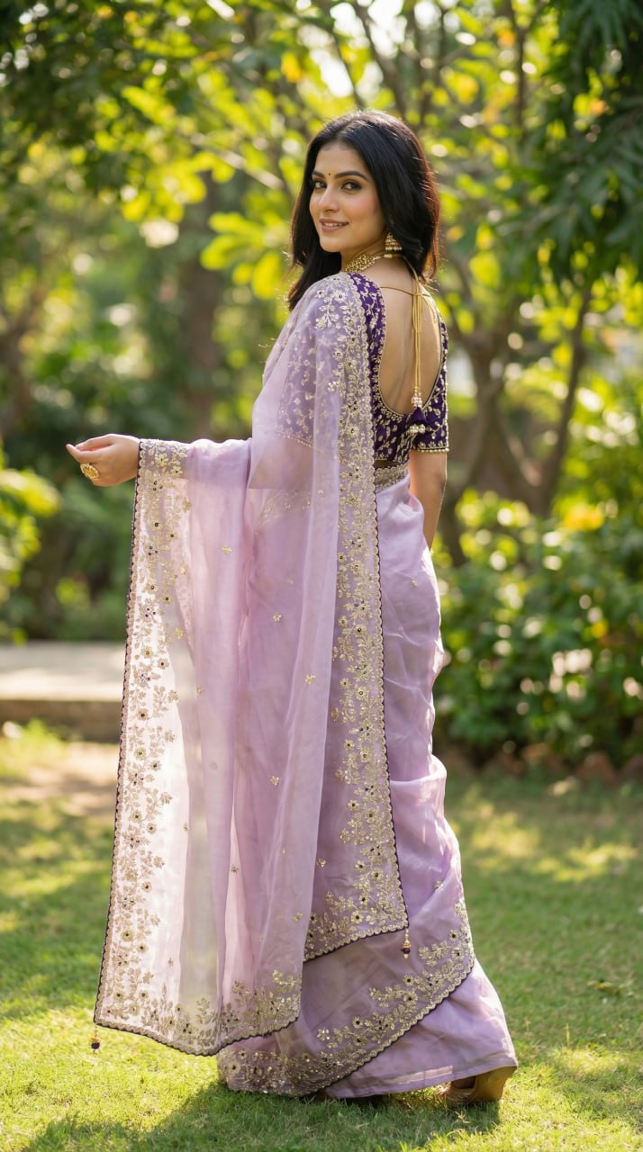 Designer Fandy Satin Saree with 3mm Sequins Pallu &amp; Cutwork Border – LIGHT PURPLE