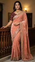 Designer Fandy Satin Saree with 3mm Sequins Pallu & Cutwork Border – PINK