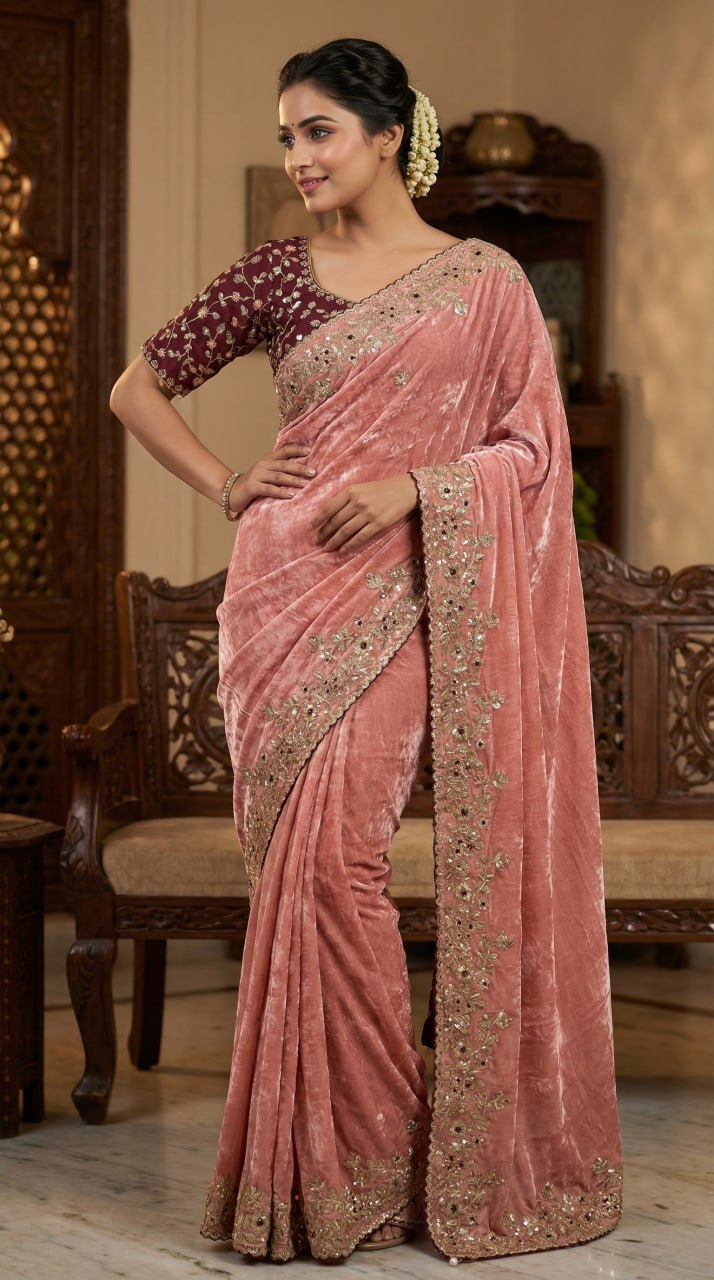 Designer Fandy Satin Saree with 3mm Sequins Pallu &amp; Cutwork Border – PINK