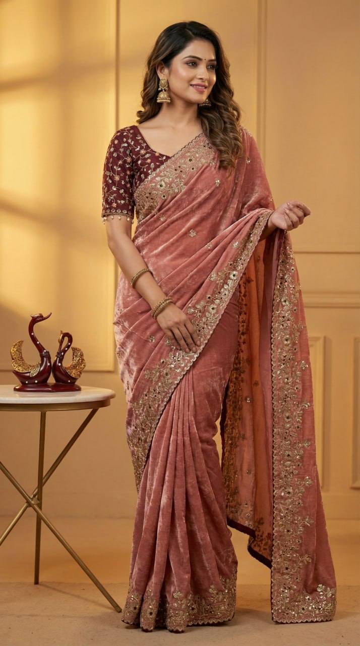 Designer Fandy Satin Saree with 3mm Sequins Pallu &amp; Cutwork Border – PINK