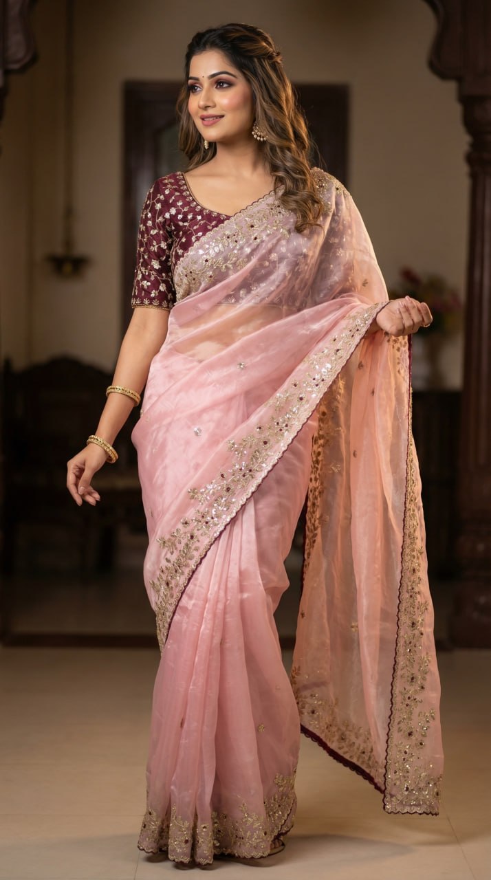 Designer Fandy Satin Saree with 3mm Sequins Pallu &amp; Cutwork Border – LIGHT PINK