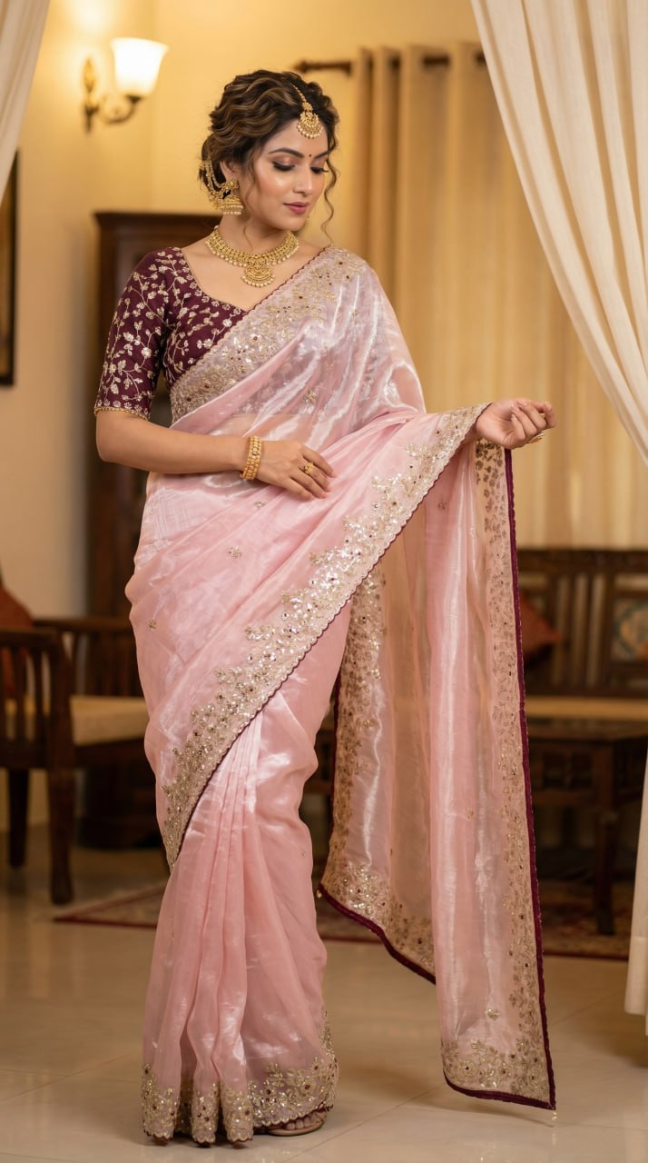 Designer Fandy Satin Saree with 3mm Sequins Pallu &amp; Cutwork Border – LIGHT PINK