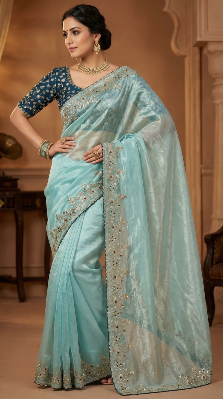 Designer Fandy Satin Saree with 3mm Sequins Pallu &amp; Cutwork Border – SKY BLUE