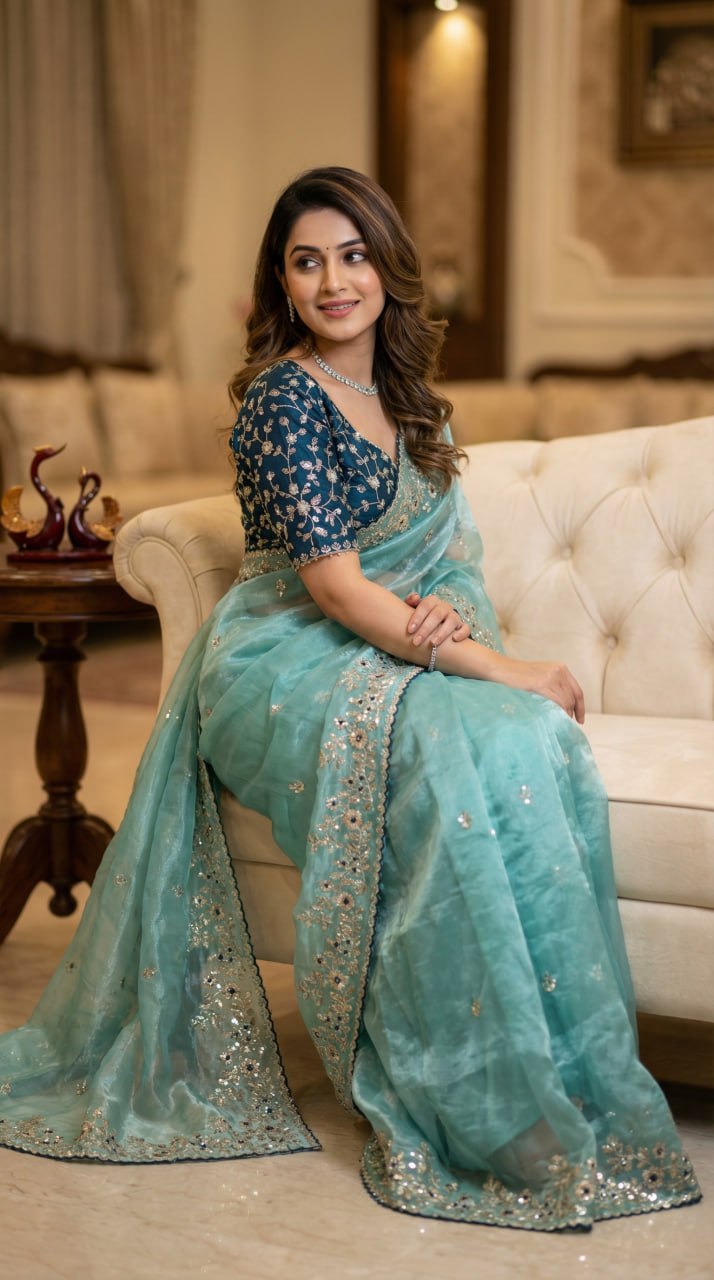 Designer Fandy Satin Saree with 3mm Sequins Pallu &amp; Cutwork Border – SKY BLUE