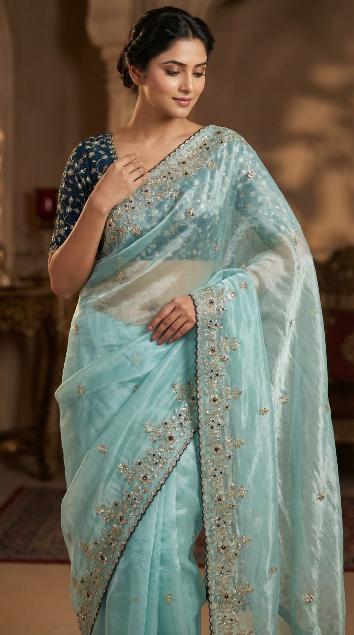 Designer Fandy Satin Saree with 3mm Sequins Pallu &amp; Cutwork Border – SKY BLUE