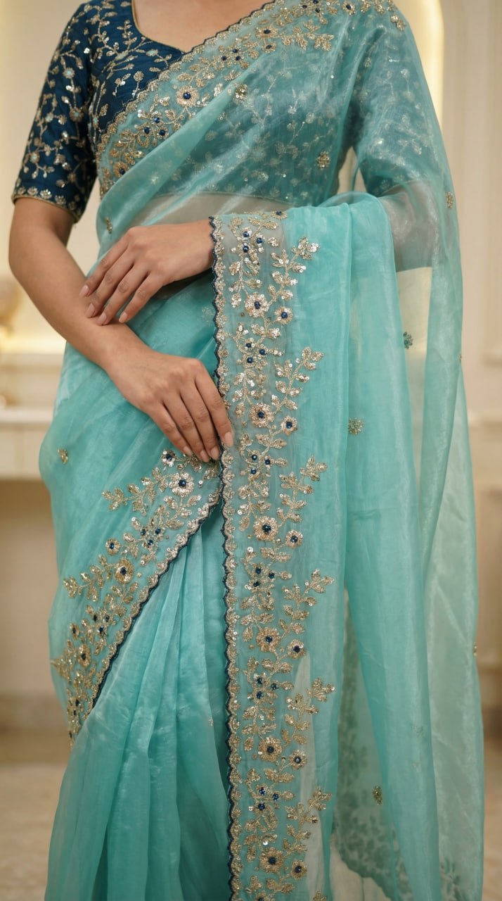 Designer Fandy Satin Saree with 3mm Sequins Pallu &amp; Cutwork Border – SKY BLUE
