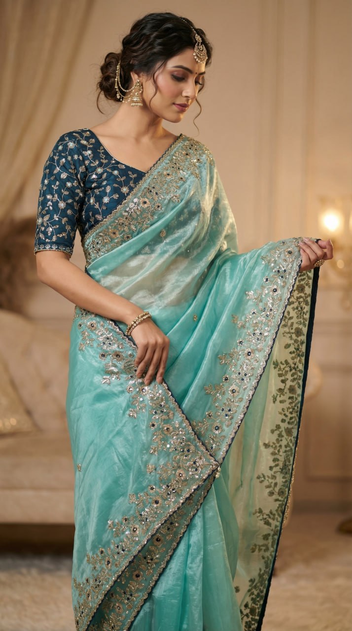Designer Fandy Satin Saree with 3mm Sequins Pallu &amp; Cutwork Border – SKY BLUE