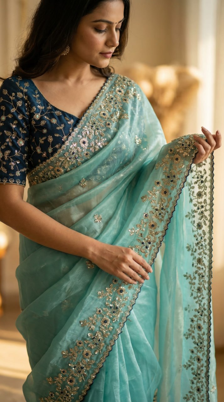 Designer Fandy Satin Saree with 3mm Sequins Pallu &amp; Cutwork Border – SKY BLUE