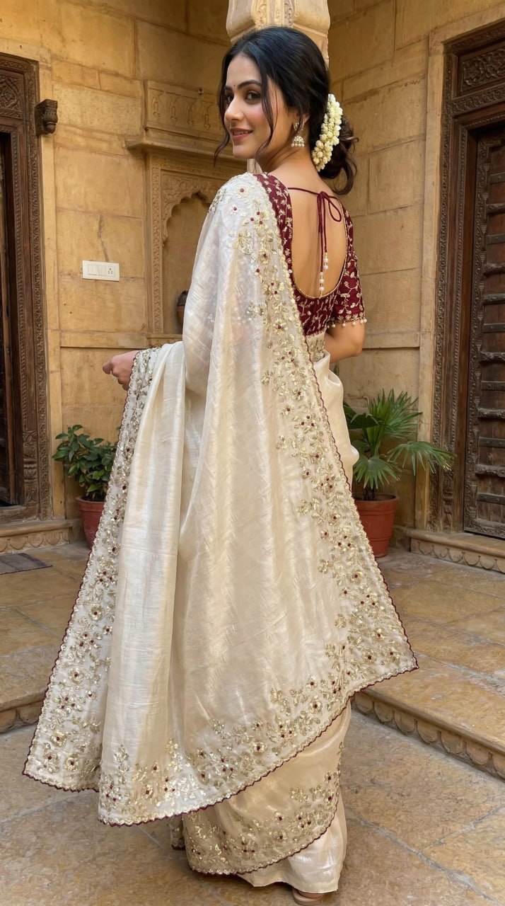 Designer Fandy Satin Saree with 3mm Sequins Pallu &amp; Cutwork Border – WHITE