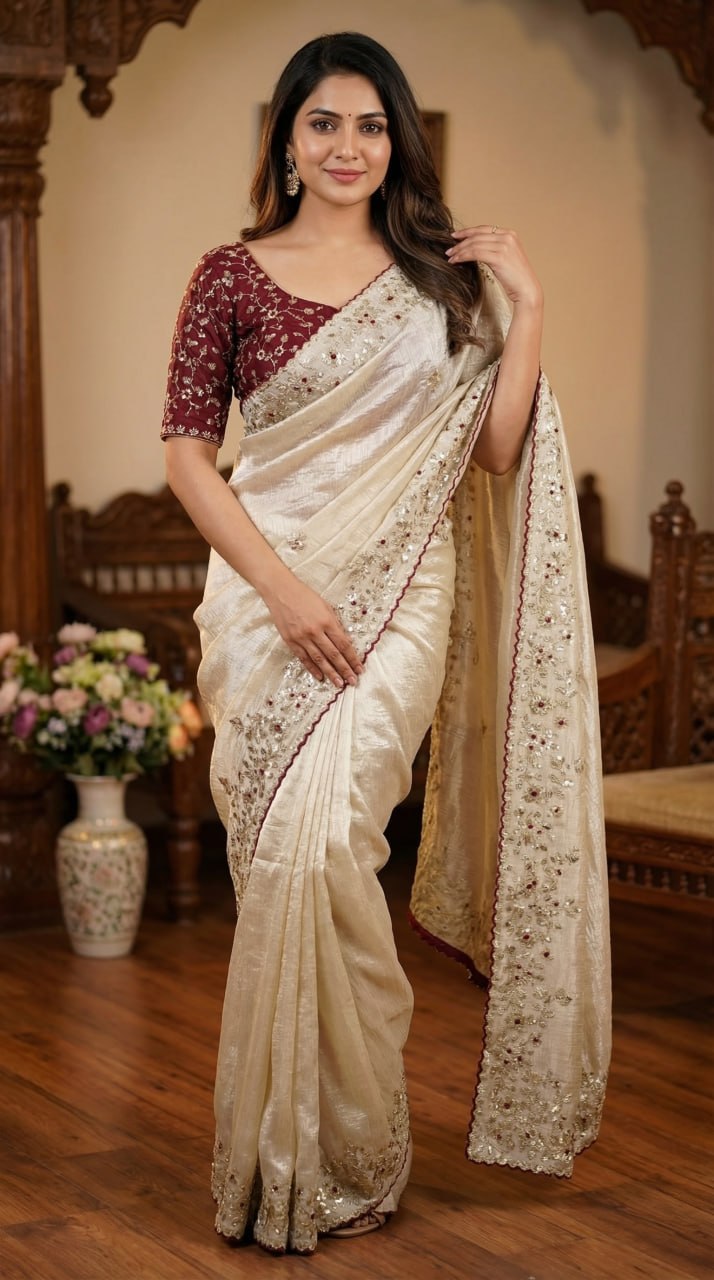 Designer Fandy Satin Saree with 3mm Sequins Pallu &amp; Cutwork Border – WHITE