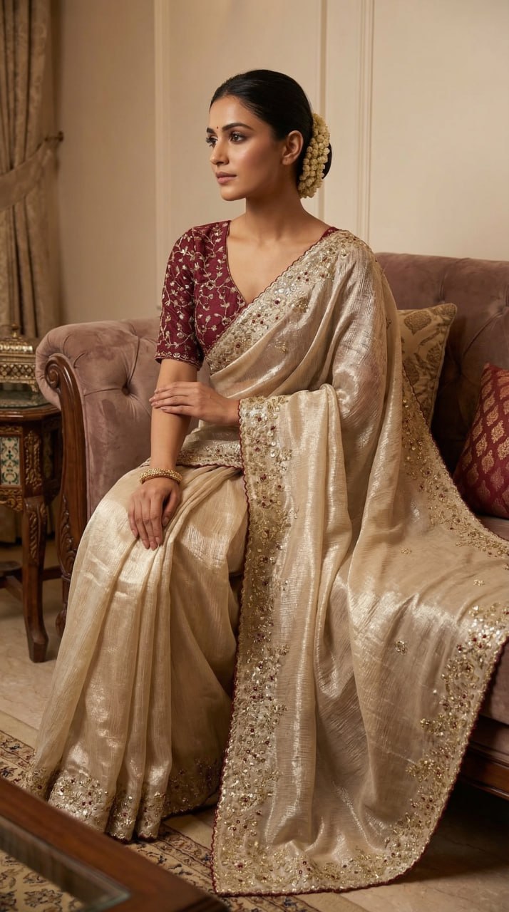 Designer Fandy Satin Saree with 3mm Sequins Pallu &amp; Cutwork Border – CREAM