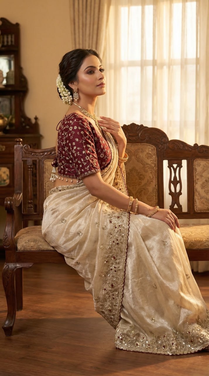 Designer Fandy Satin Saree with 3mm Sequins Pallu &amp; Cutwork Border – CREAM