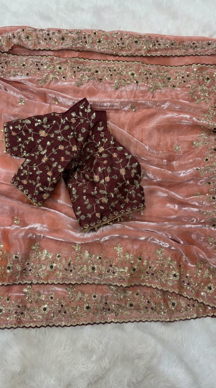 Designer Fandy Satin Saree with 3mm Sequins Pallu &amp; Cutwork Border – PINK