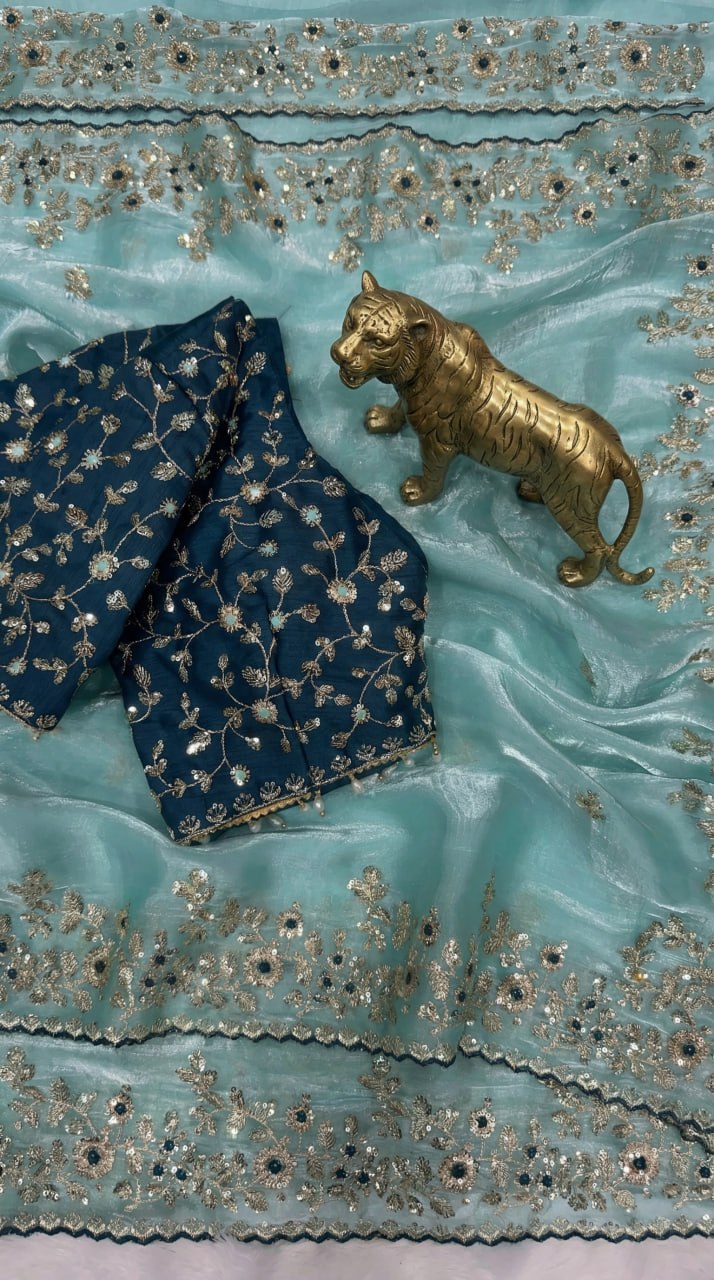 Designer Fandy Satin Saree with 3mm Sequins Pallu &amp; Cutwork Border – SKY BLUE