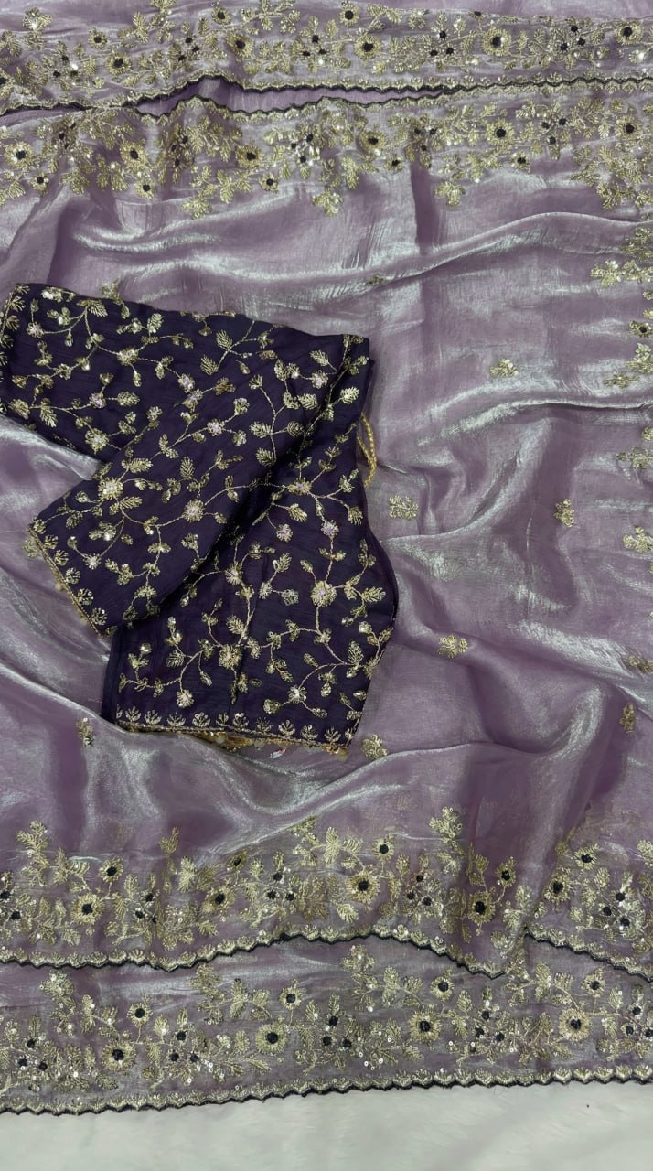Designer Fandy Satin Saree with 3mm Sequins Pallu &amp; Cutwork Border – LIGHT PURPLE