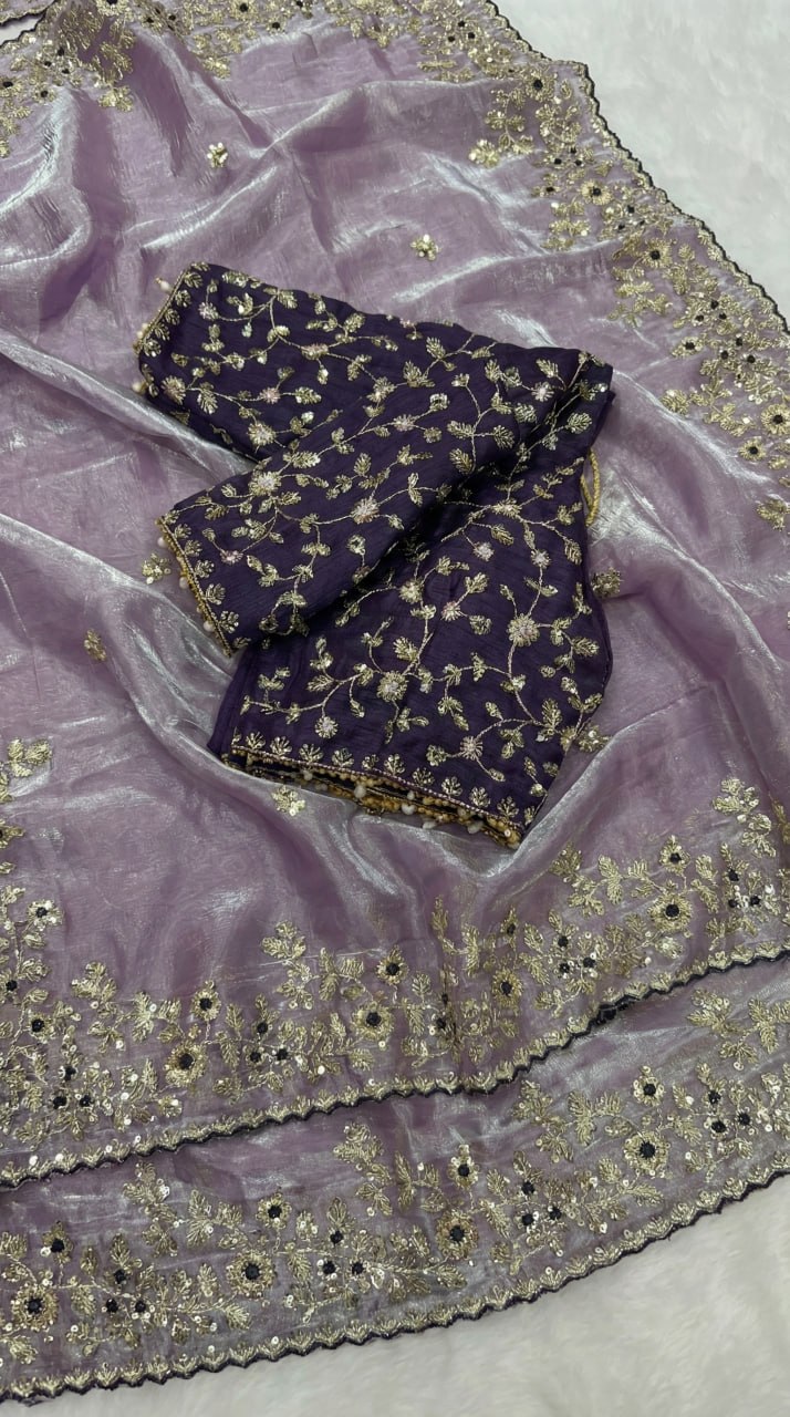 Designer Fandy Satin Saree with 3mm Sequins Pallu &amp; Cutwork Border – LIGHT PURPLE